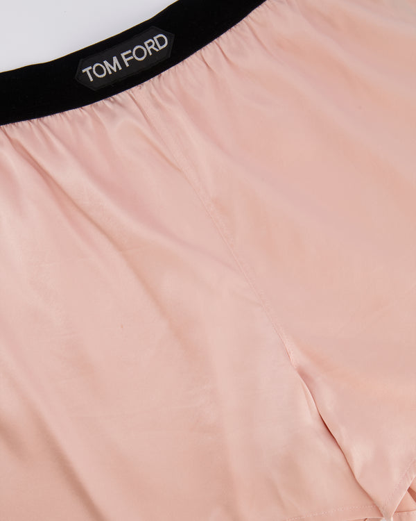 Tom Ford Light Pink Satin Shorts with Black Velours Waistband and Logo Detail Size IT 42 (UK 10)