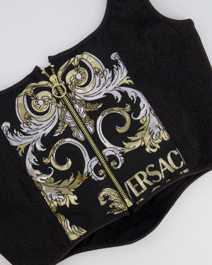Versace Black Shimmery Corset Crop Top with Gold and Silver Metallic Baroque Prints and Gold Zipper Detail Size IT 44 (UK 12)