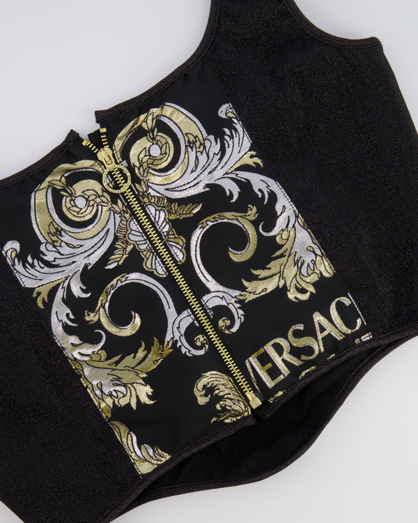 Versace Black Shimmery Corset Crop Top with Gold and Silver Metallic Baroque Prints and Gold Zipper Detail Size IT 44 (UK 12)