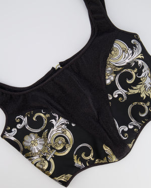 Versace Black Shimmery Corset Crop Top with Gold and Silver Metallic Baroque Prints and Gold Zipper Detail Size IT 44 (UK 12)