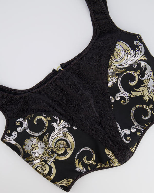 Versace Black Shimmery Corset Crop Top with Gold and Silver Metallic Baroque Prints and Gold Zipper Detail Size IT 44 (UK 12)