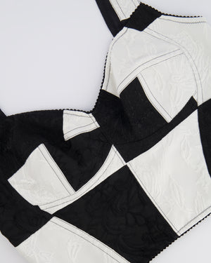 Dolce & Gabbana Black and White Checkered Corset Cropped Top with Floral Embroideries Size IT 42/44 (UK 12/14)