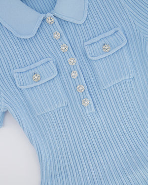 Self Portrait Baby Blue and Sequin Knitted Ribbed Mini Dress with Pearl and Crystal Embellished Buttons Size M (UK 10)
