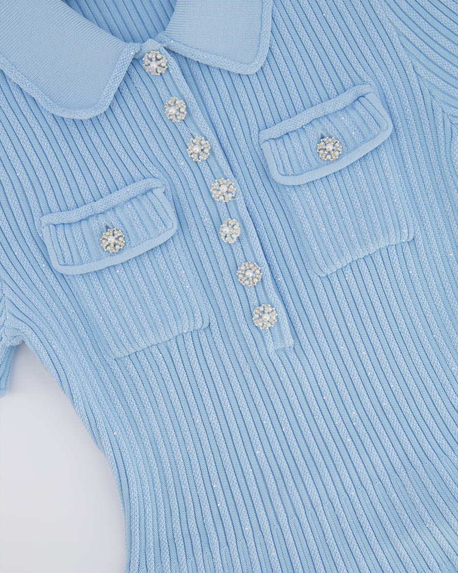 Self Portrait Baby Blue and Sequin Knitted Ribbed Mini Dress with Pearl and Crystal Embellished Buttons Size M (UK 10)