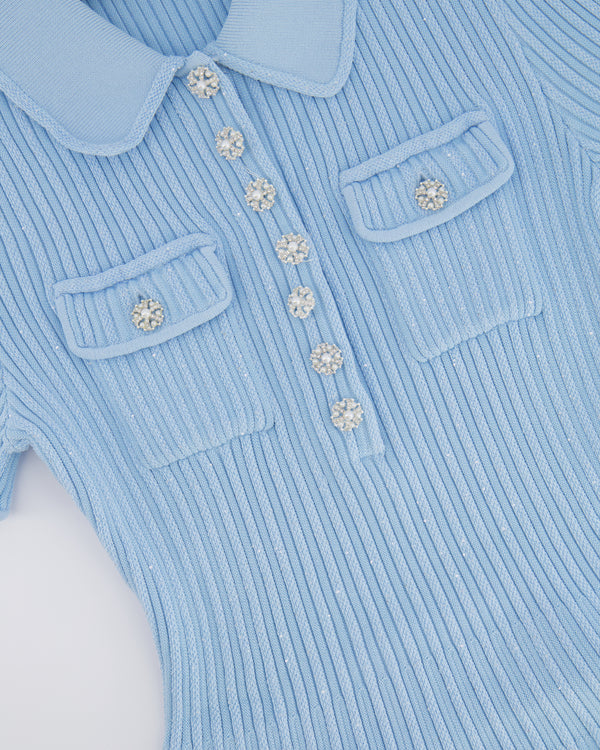 Self Portrait Baby Blue and Sequin Knitted Ribbed Mini Dress with Pearl and Crystal Embellished Buttons Size M (UK 10)