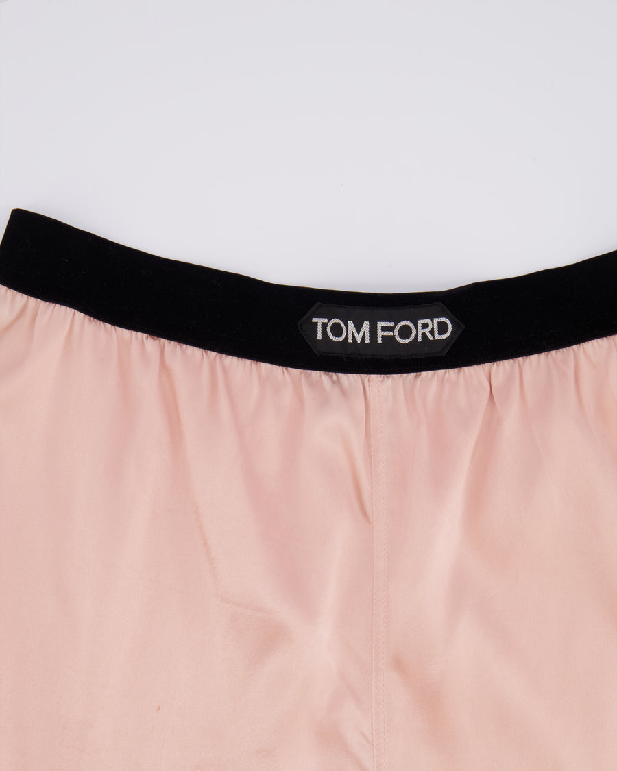 Tom Ford Light Pink Satin Shorts with Black Velours Waistband and Logo Detail Size IT 42 (UK 10)