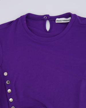Paco Rabanne Purple Short Sleeved Mini Dress with Ruched Detail and Silver Buttons Size FR 38 (UK 10) RRP £700