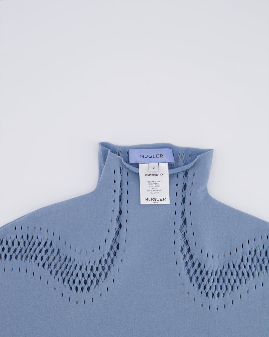 Mugler Baby Blue Perforated Long Sleeved Top with Silver Star Detail Size US 2 (UK 6)