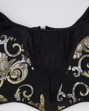 Versace Black Shimmery Corset Crop Top with Gold and Silver Metallic Baroque Prints and Gold Zipper Detail Size IT 44 (UK 12)