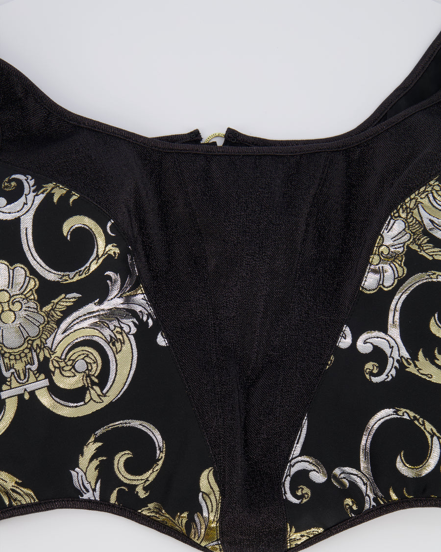 Versace Black Shimmery Corset Crop Top with Gold and Silver Metallic Baroque Prints and Gold Zipper Detail Size IT 44 (UK 12)
