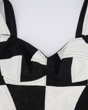 Dolce & Gabbana Black and White Checkered Corset Cropped Top with Floral Embroideries Size IT 42/44 (UK 12/14)