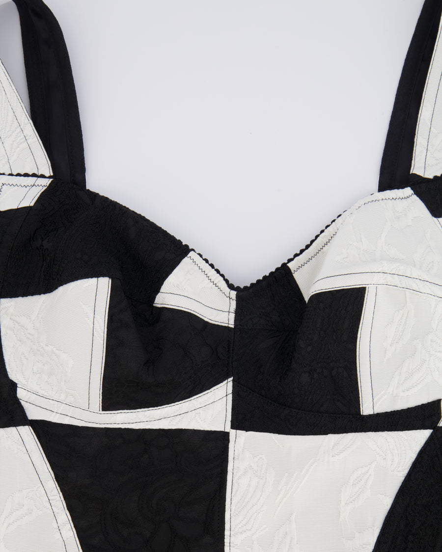 Dolce & Gabbana Black and White Checkered Corset Cropped Top with Floral Embroideries Size IT 42/44 (UK 12/14)