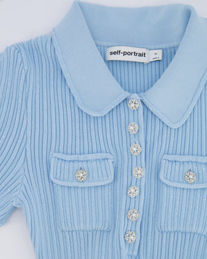 Self Portrait Baby Blue and Sequin Knitted Ribbed Mini Dress with Pearl and Crystal Embellished Buttons Size M (UK 10)