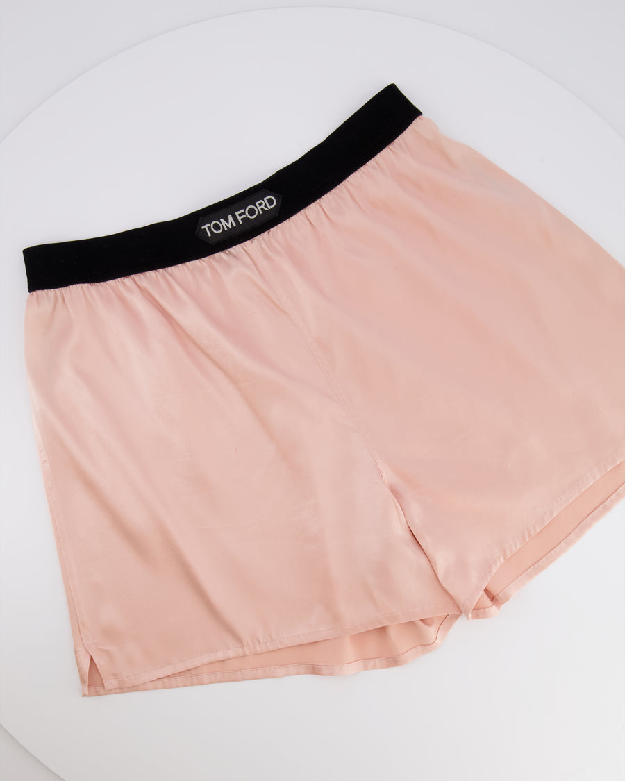 Tom Ford Light Pink Satin Shorts with Black Velours Waistband and Logo Detail Size IT 42 (UK 10)