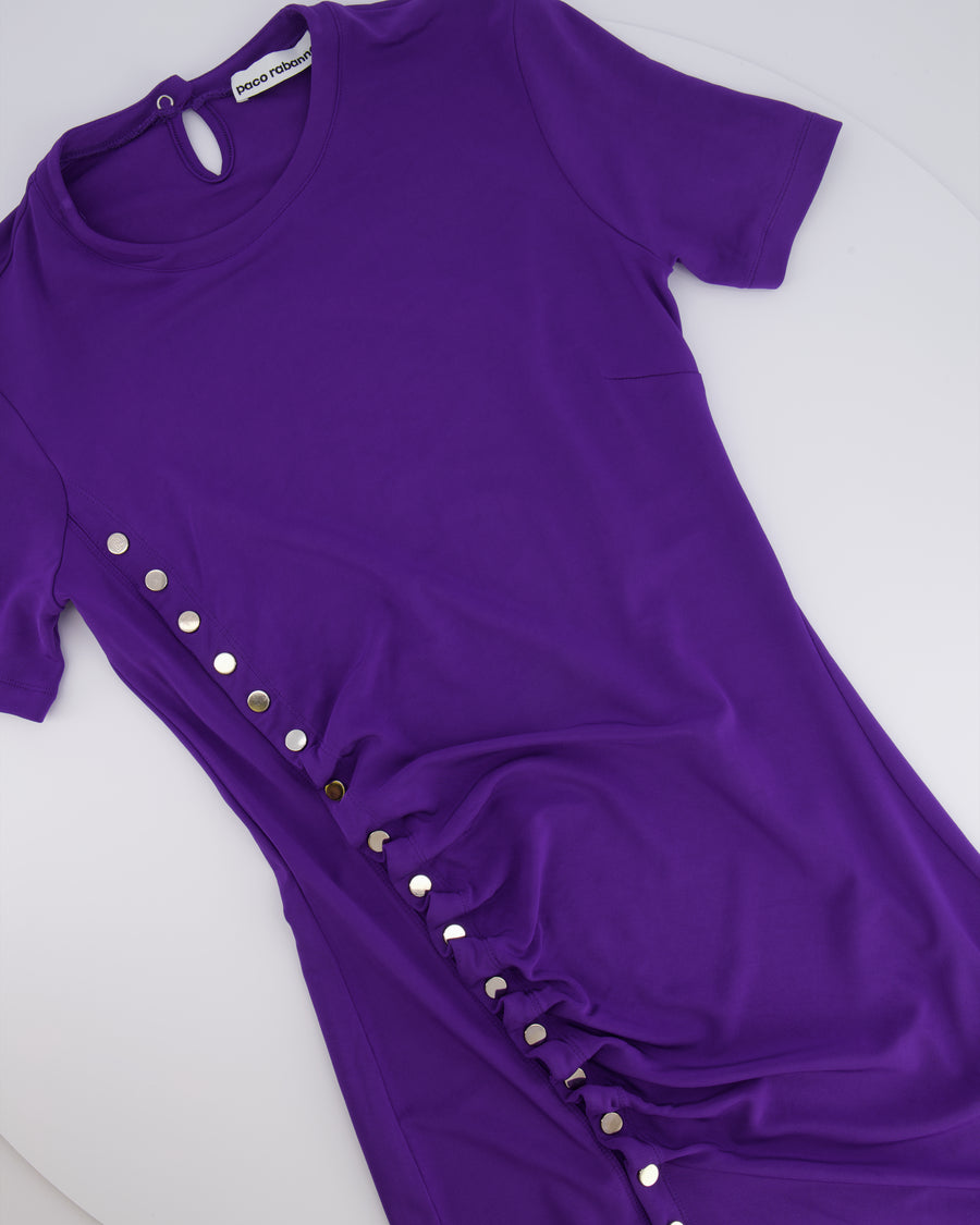 Paco Rabanne Purple Short Sleeved Mini Dress with Ruched Detail and Silver Buttons Size FR 38 (UK 10) RRP £700