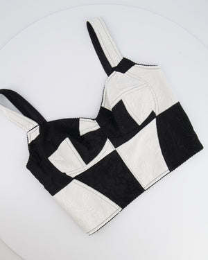 Dolce & Gabbana Black and White Checkered Corset Cropped Top with Floral Embroideries Size IT 42/44 (UK 12/14)
