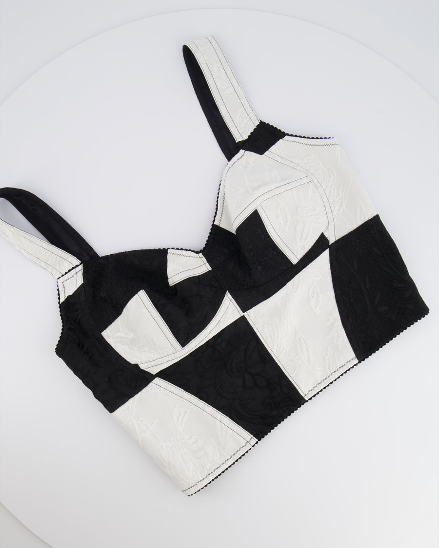 Dolce & Gabbana Black and White Checkered Corset Cropped Top with Floral Embroideries Size IT 42/44 (UK 12/14)