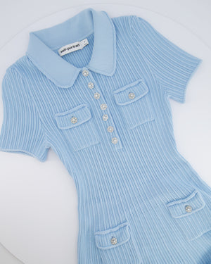 Self Portrait Baby Blue and Sequin Knitted Ribbed Mini Dress with Pearl and Crystal Embellished Buttons Size M (UK 10)