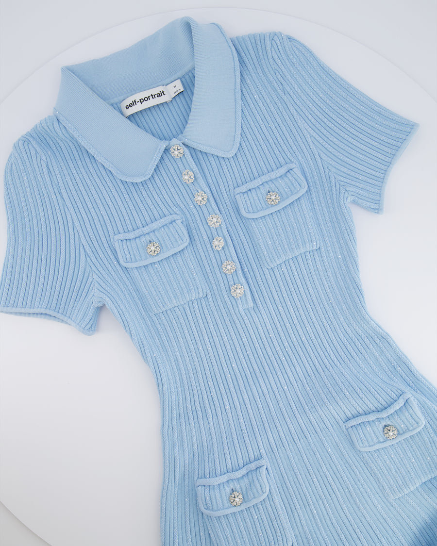 Self Portrait Baby Blue and Sequin Knitted Ribbed Mini Dress with Pearl and Crystal Embellished Buttons Size M (UK 10)