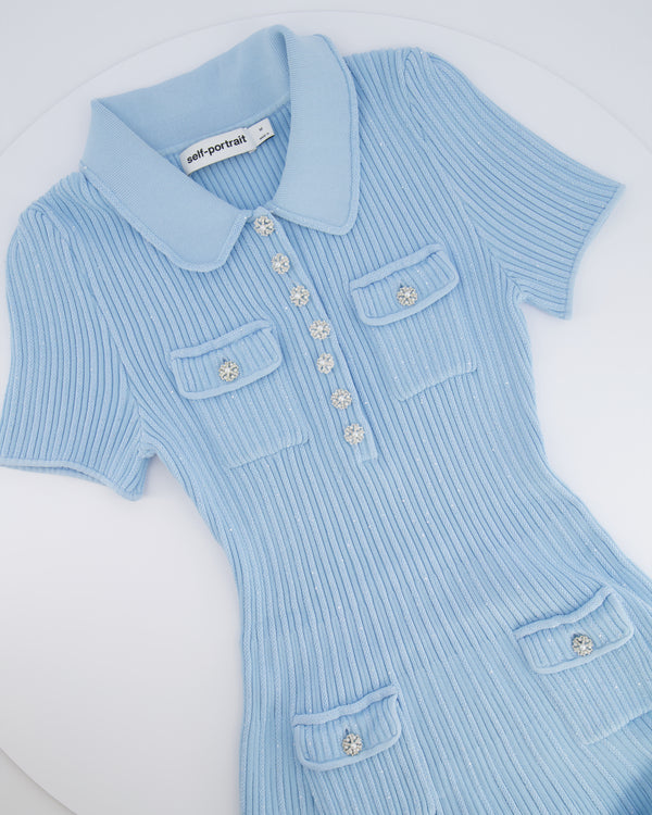 Self Portrait Baby Blue and Sequin Knitted Ribbed Mini Dress with Pearl and Crystal Embellished Buttons Size M (UK 10)