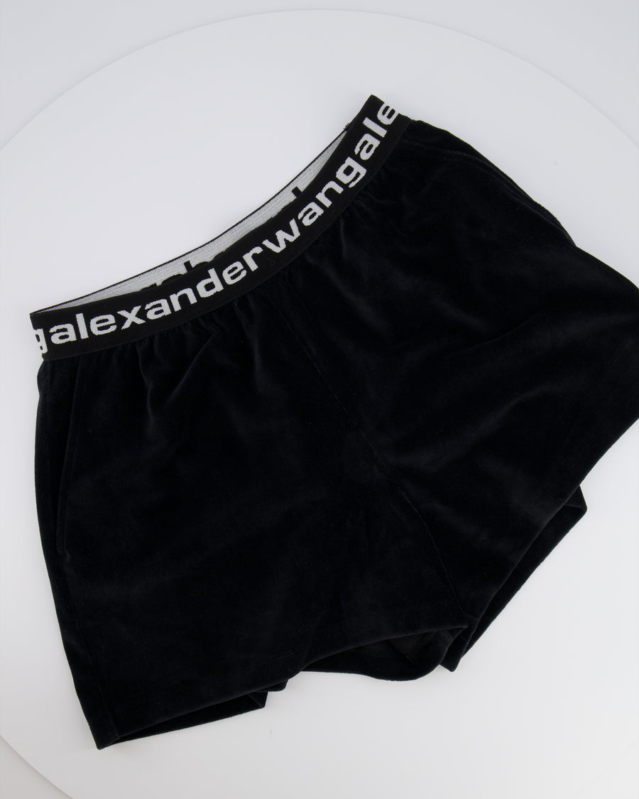 Alexander Wang Black Velour Ribbed Shorts with White Logo Band Detail Size M (UK 10) RRP £350