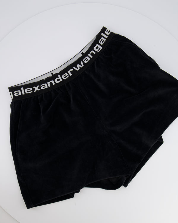 Alexander Wang Black Velour Ribbed Shorts with White Logo Band Detail Size M (UK 10) RRP £350