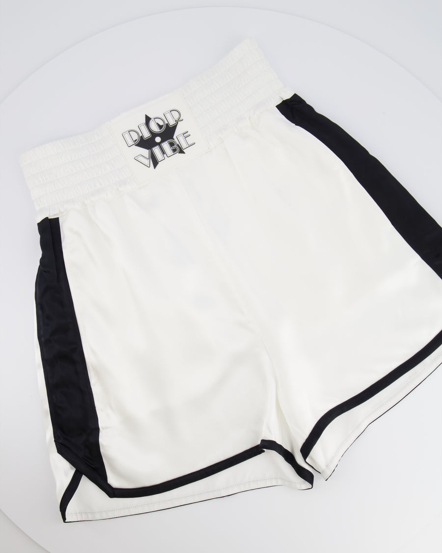 Christian Dior White Satin Shorts with Black Side Strips and Dior Vibe Detail Size S (UK 8)