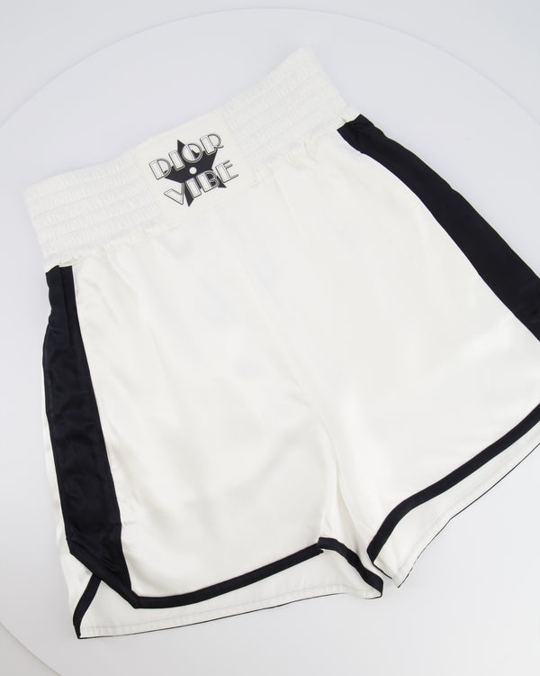 Christian Dior White Satin Shorts with Black Side Strips and Dior Vibe Detail Size S (UK 8)