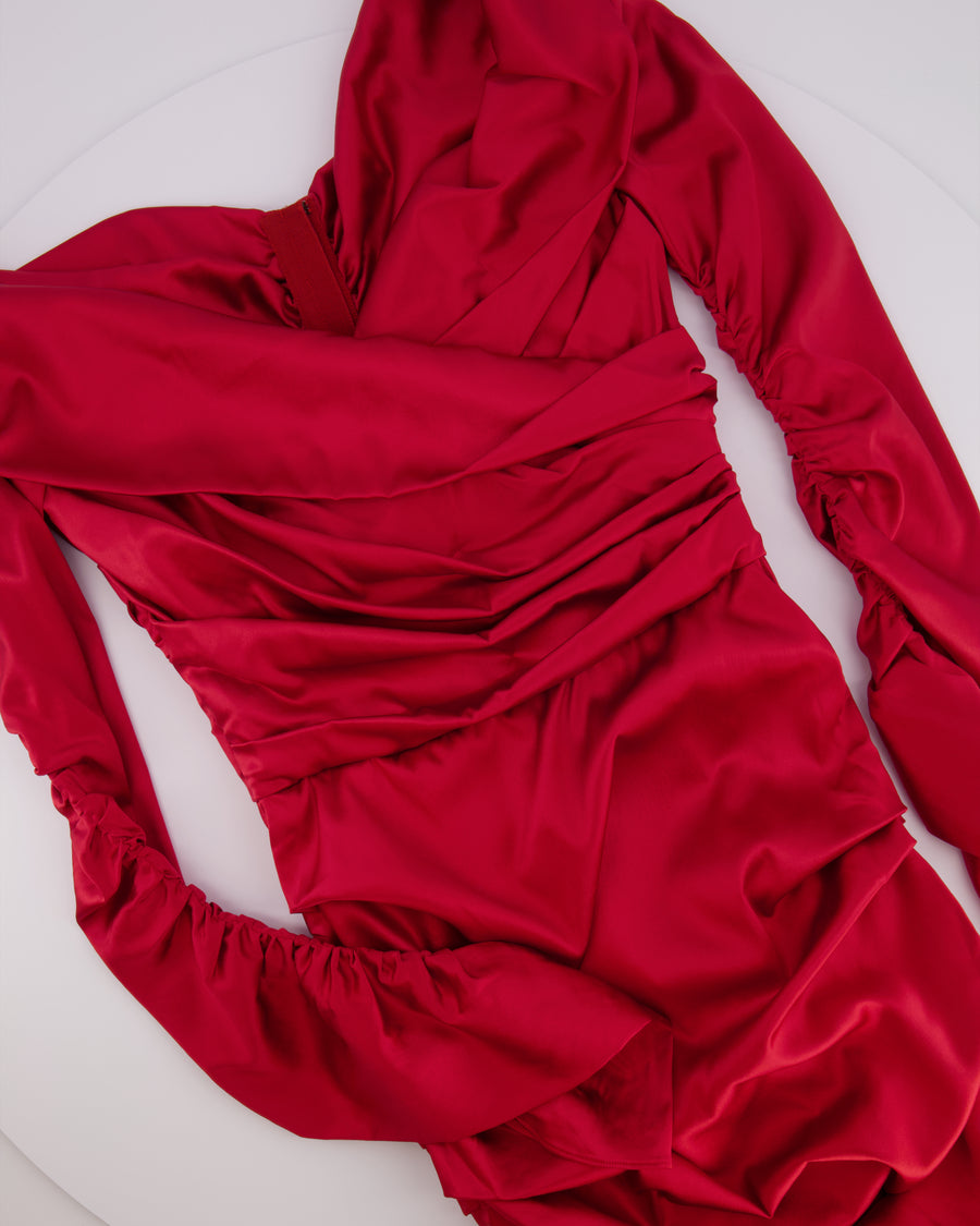 Dolce & Gabbana Red Silk Draped Mini Dress with Rouched Sleeves Detail Size IT 42 (UK 10)
