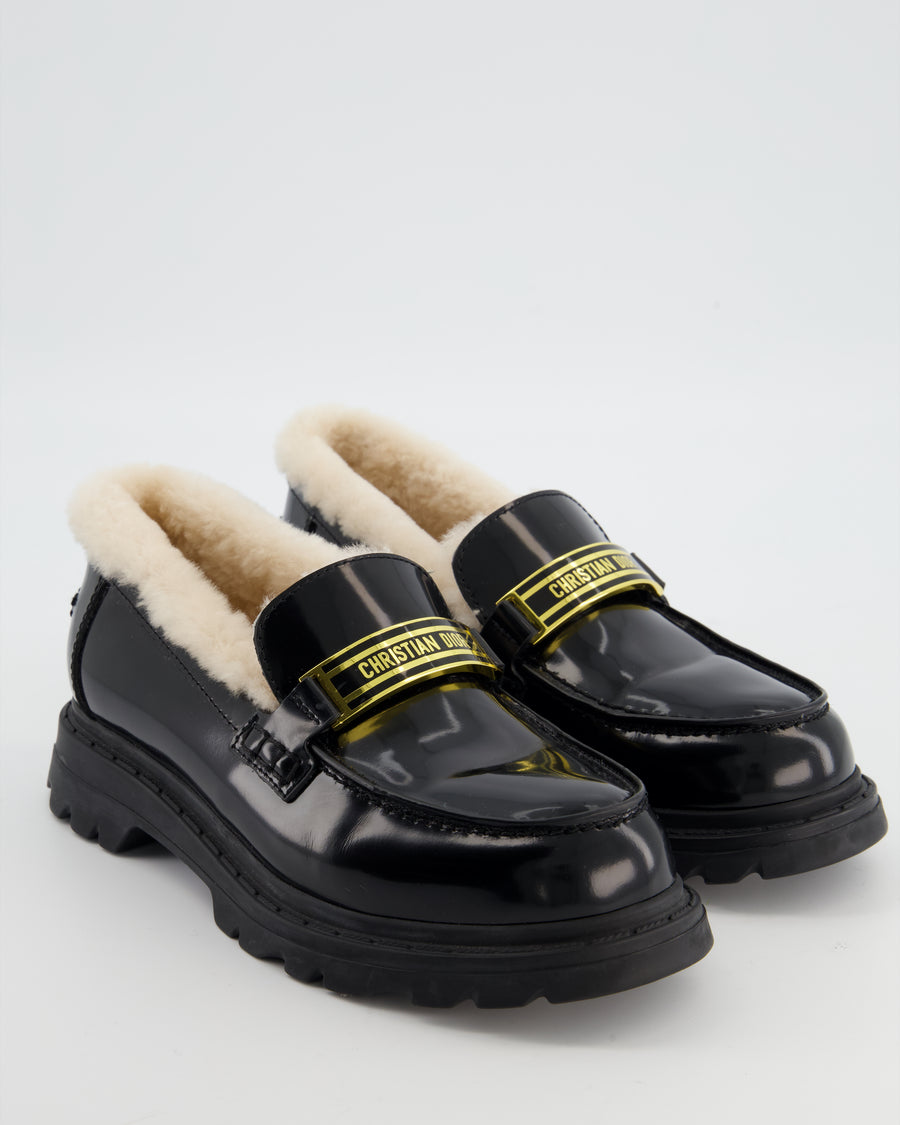 Christian Dior Black Brushed Calfskin & Shearling Dior Code Loafers Size EU 37