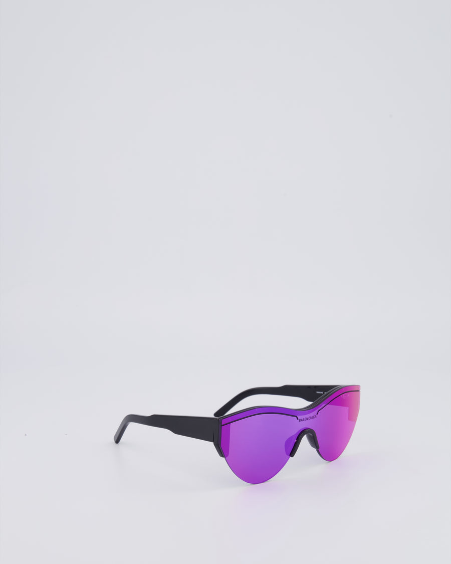 Balenciaga Black Sunglasses with Purple Reflective Lenses and Black Logo Detail