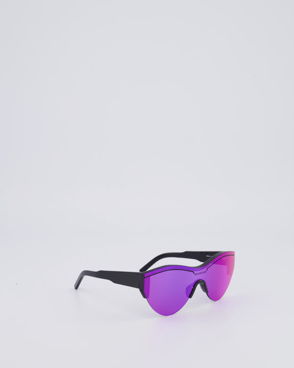 Balenciaga Black Sunglasses with Purple Reflective Lenses and Black Logo Detail