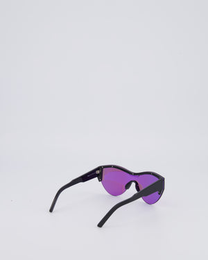 Balenciaga Black Sunglasses with Purple Reflective Lenses and Black Logo Detail