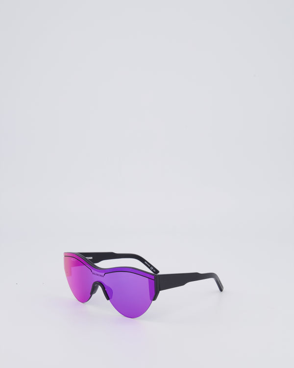 Balenciaga Black Sunglasses with Purple Reflective Lenses and Black Logo Detail