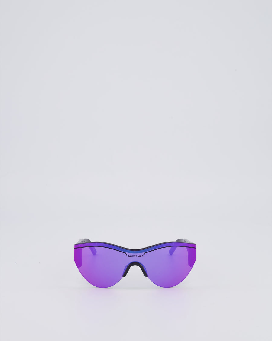 Balenciaga Black Sunglasses with Purple Reflective Lenses and Black Logo Detail