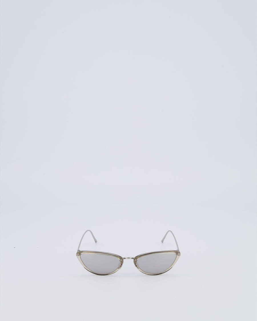 Linda Farrow Silver Small Cat Eye Sunglasses with Silver Mirror Lenses