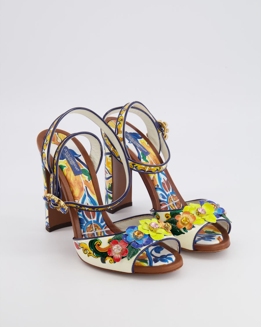 Dolce & Gabbana Multi-Colour Majolica Heeled Sandals with Crystal Embellishments Size EU 38