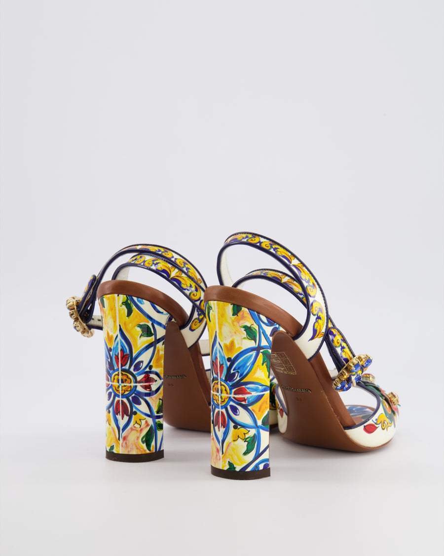 Dolce & Gabbana Multi-Colour Majolica Heeled Sandals with Crystal Embellishments Size EU 38
