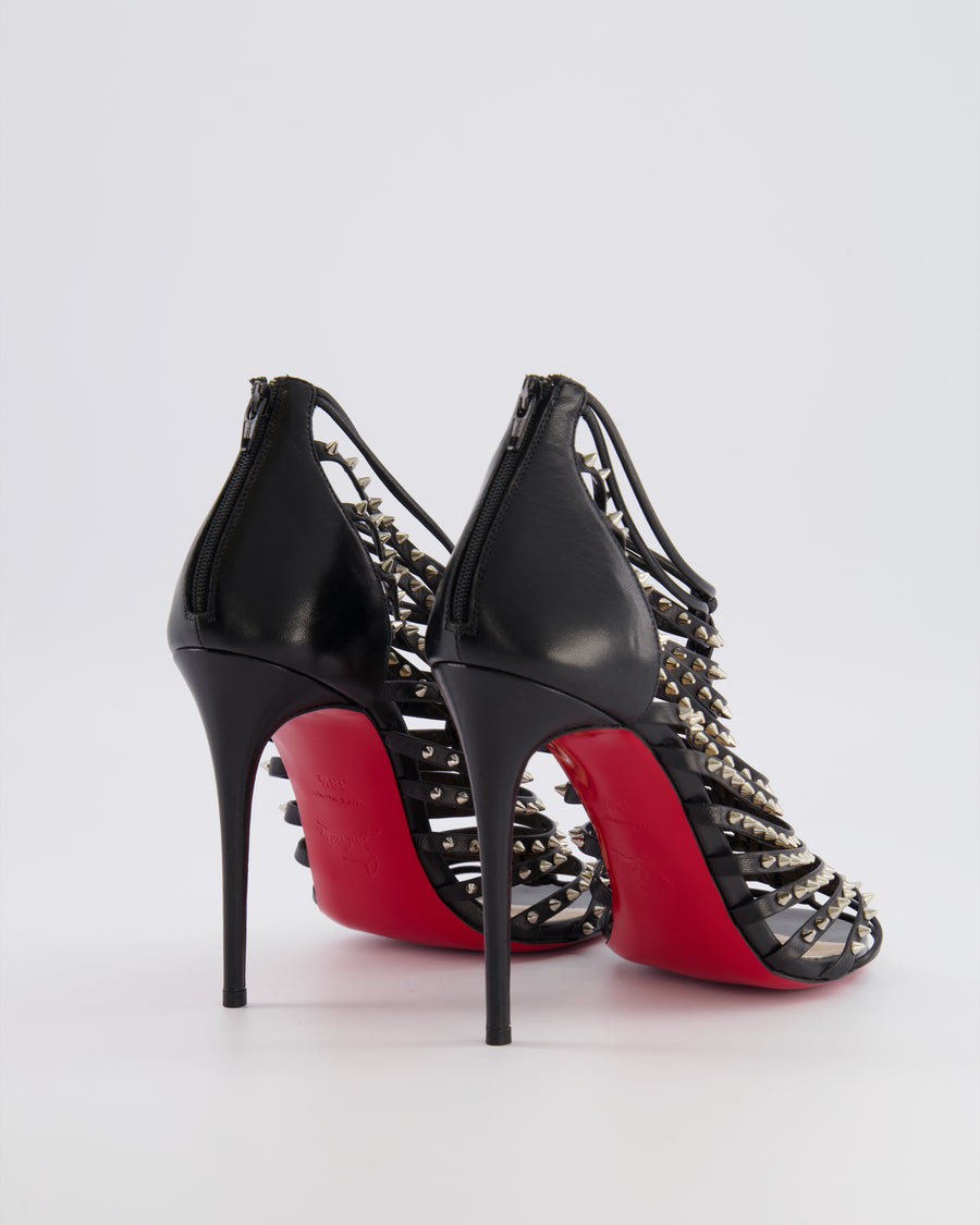 Christian Louboutin Black Leather Millaclou Caged Heeled Sandals with Silver Spikes Detail EU 38.5