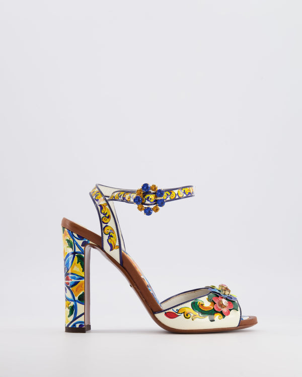 Dolce & Gabbana Multi-Colour Majolica Heeled Sandals with Crystal Embellishments Size EU 38