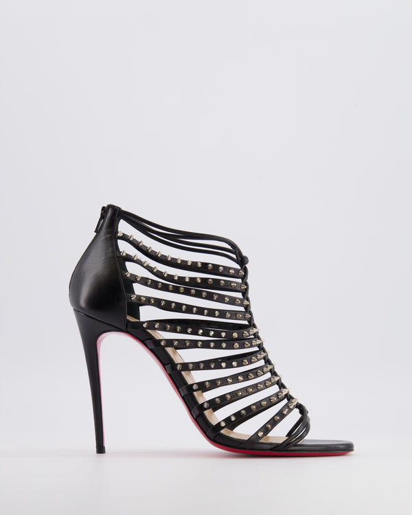 Christian Louboutin Black Leather Millaclou Caged Heeled Sandals with Silver Spikes Detail EU 38.5