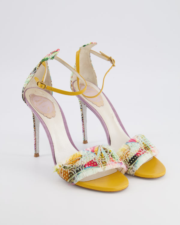 René Caovilla Multicolour Floral Crystal Embellished Heeled Sandals Size EU 38