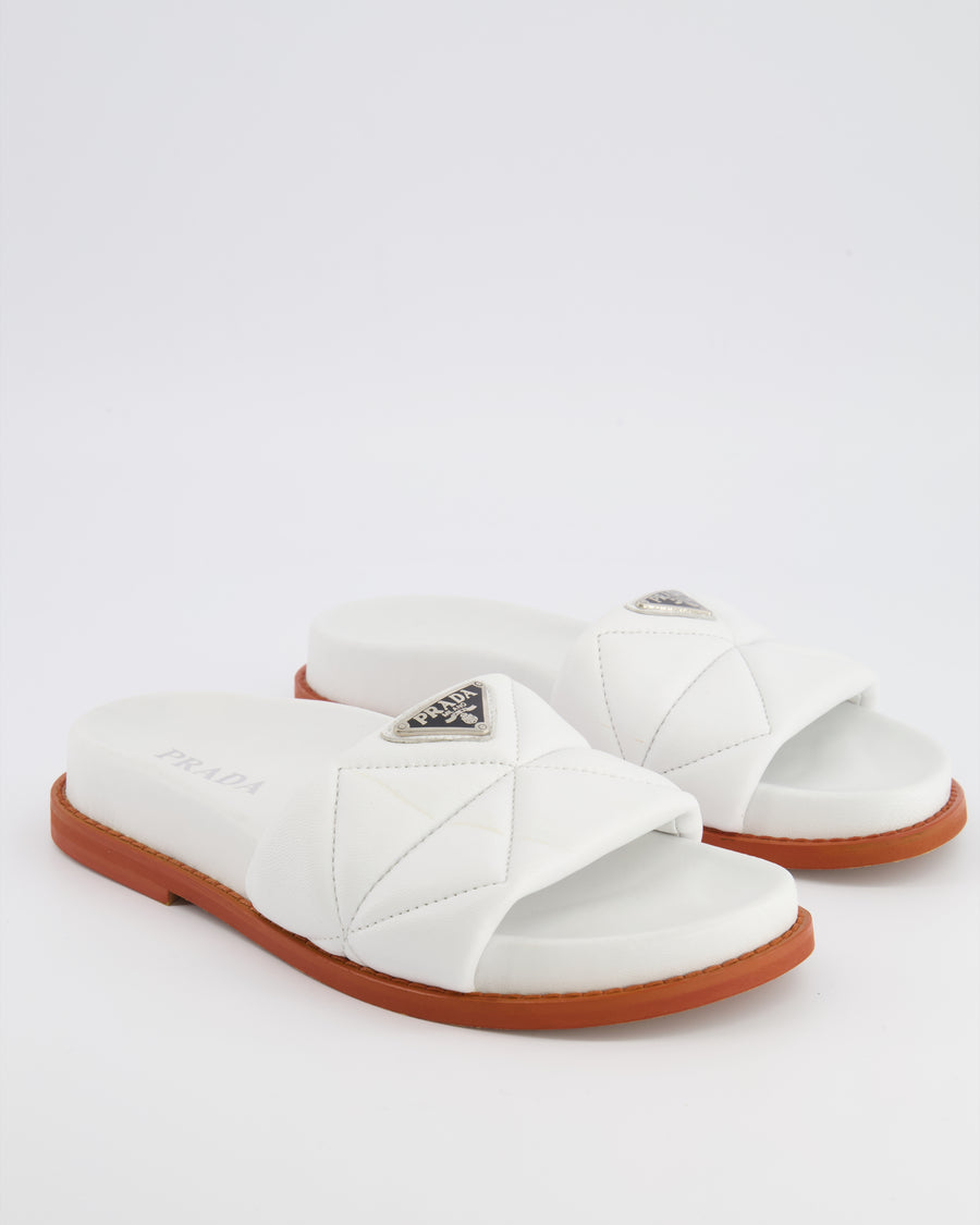Prada White Leather Padded Slides with Logo Plaqué Detail Size EU 37 RRP £680