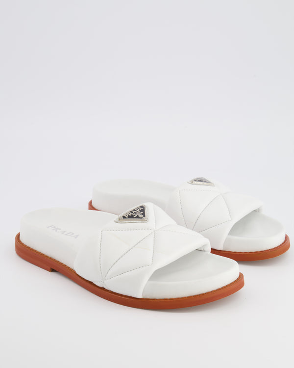 Prada White Leather Padded Slides with Logo Plaqué Detail Size EU 37 RRP £680