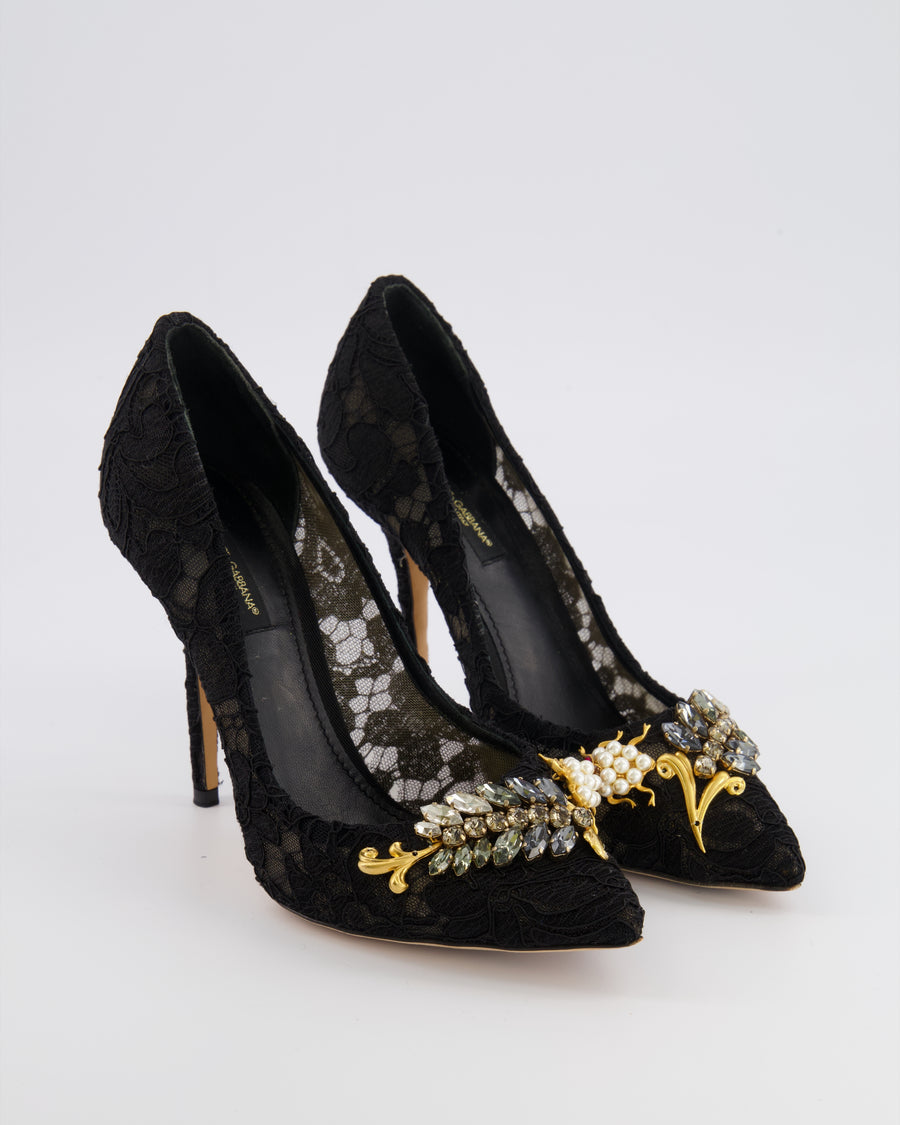 Dolce & Gabbana Black Lace Pumps with Crystal and Pearl Embellishments Size EU 38 RRP £875
