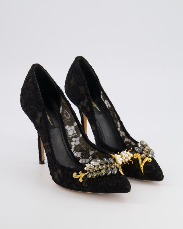 Dolce & Gabbana Black Lace Pumps with Crystal and Pearl Embellishments Size EU 38 RRP £875