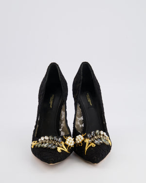 Dolce & Gabbana Black Lace Pumps with Crystal and Pearl Embellishments Size EU 38 RRP £875