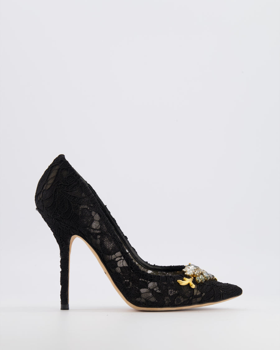Dolce & Gabbana Black Lace Pumps with Crystal and Pearl Embellishments Size EU 38 RRP £875