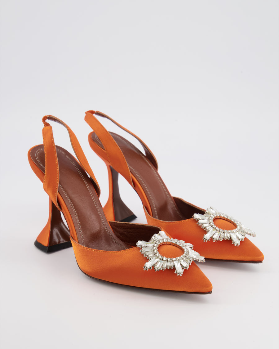 Amina Muaddi Orange Satin Begum 95 Slingback with Crystal Details Size EU 38 RRP £950