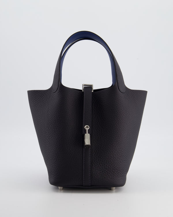 Hermès Picotin Lock 18 Eclat Bag in Caban Clemence Leather with Bleu Tie Interior Handle and Palladium Hardware